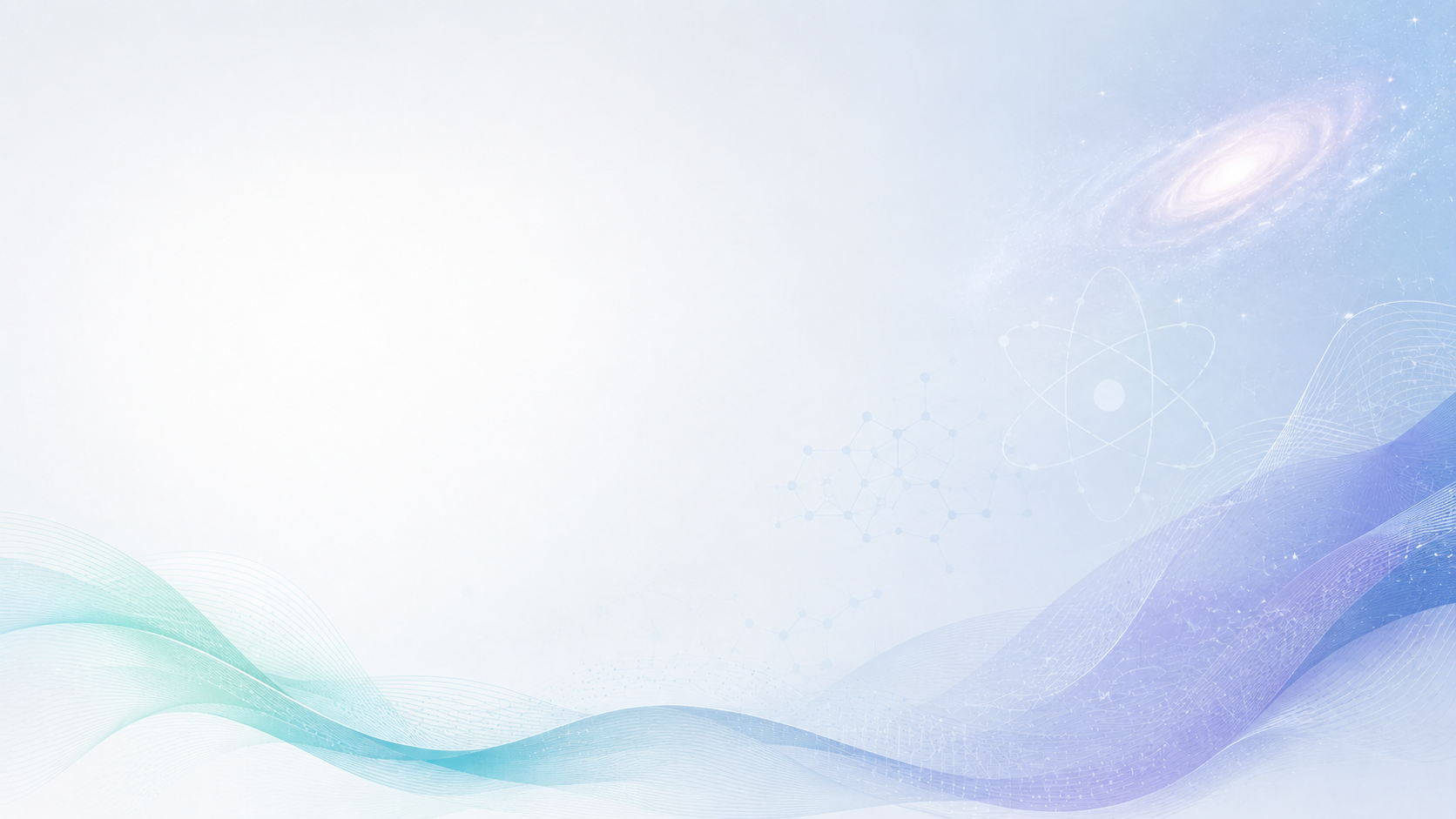Abstract research landscape with a galaxy, atom, molecular lattice and flowing physics fields